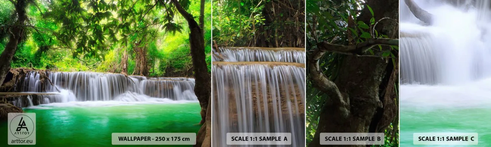Fototapetenmuster Standard Eco - Eine Kaskade in Grün - Landschaft, Wasserfall, Nationalpark - 100x30 cm