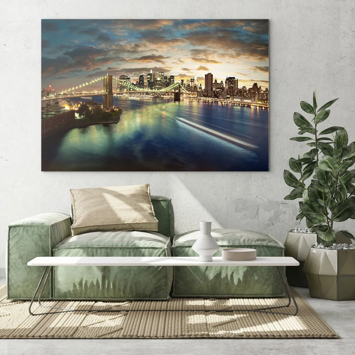 Glasbild - Bild auf glas - Blick auf die Brücke und die Stadt bei Sonnenuntergang - 70x50cm - Ein heller Abend über Manhattan - Moderne Wanddekoration für Wohnzimmer und Schlafzimmer ARTTOR
