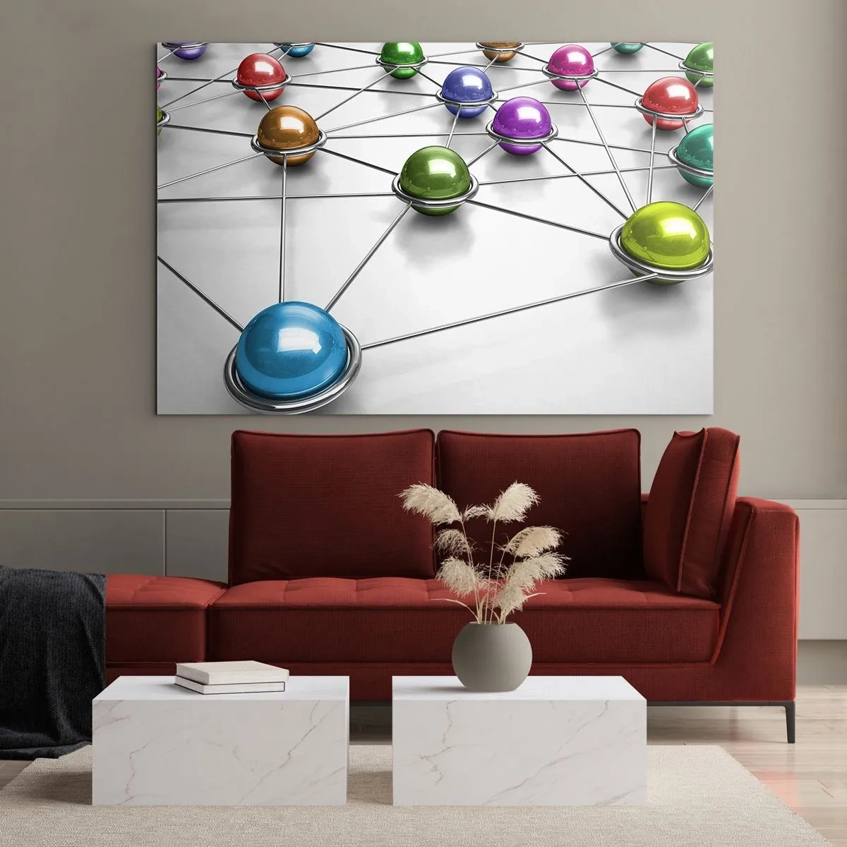 Glasbild - Bild auf glas - Bunte Kugeln, die durch Linien auf hellem Hintergrund verbunden sind - 120x80cm - Kosmisches Spinnennetz - Moderne Wanddekoration für Wohnzimmer und Schlafzimmer ARTTOR