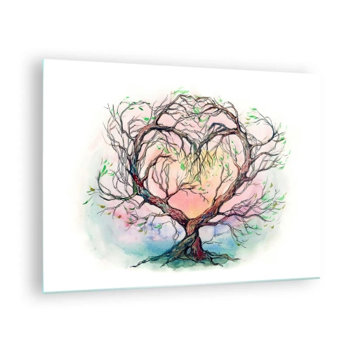 Glasbild - Bild auf glas - Ein herzförmiger Baum mit einem farbenfrohen, pastellfarbenen Hintergrund - 70x50cm - Gemeinsam gegen die Stürme - Moderne Wanddekoration für Wohnzimmer und Schlafzimmer ARTTOR