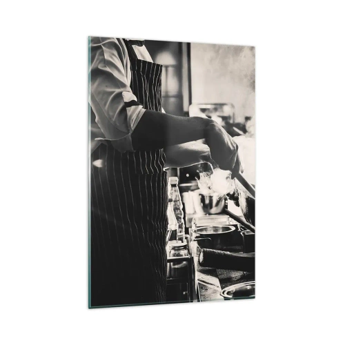 Glasbild - Bild auf glas - Ein Koch bei der Arbeit in der Küche, aus einer Bratpfanne steigt Dampf auf - 80x120cm - Alchemie der Aromen - Moderne Wanddekoration für Wohnzimmer und Schlafzimmer ARTTOR