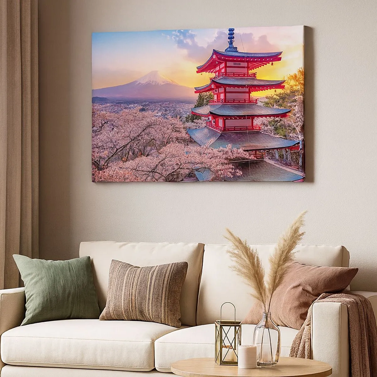 Bild auf Leinwand - Leinwandbild - Eine Pagode in Japan mit Kirschblüten und dem Berg Fuji - 70x50cm - Die Essenz des japanischen Geistes - Moderne Wanddekoration für Wohnzimmer und Schlafzimmer ARTTOR