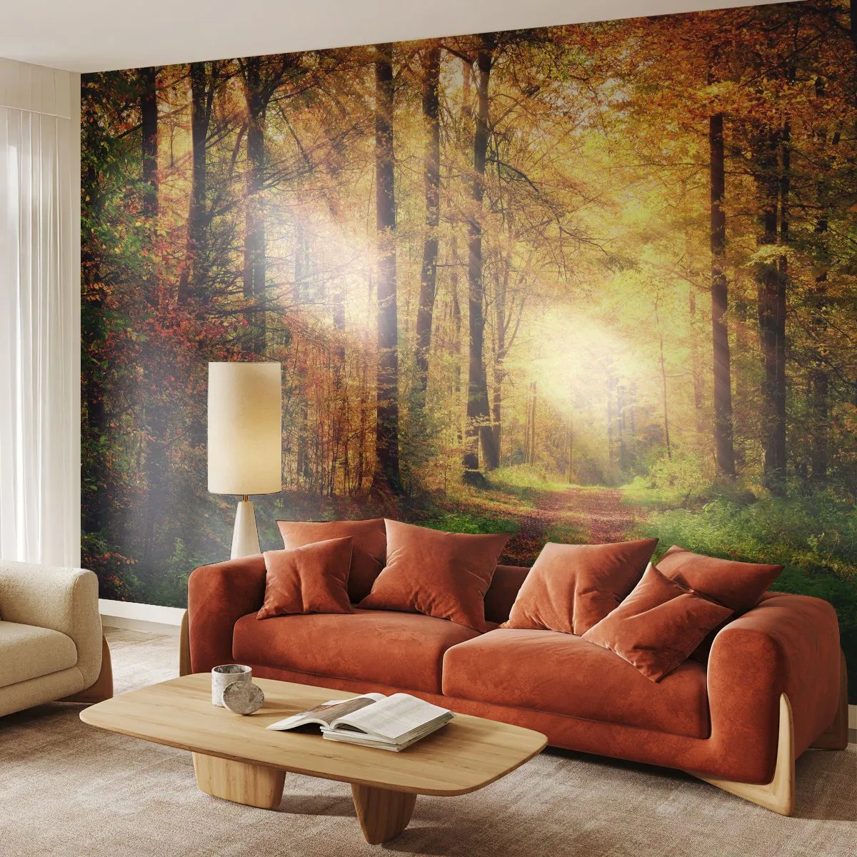 Selbstklebende Fototapete Deluxe Sticker - Waldgoldene Stille - Landschaft, Wald, Forststraße - 500x350 cm
