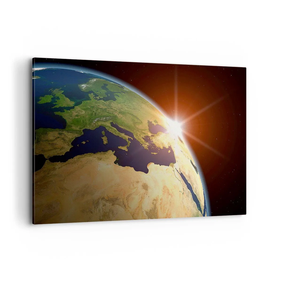 Bild auf Leinwand - Leinwandbild - Blick auf die Erde aus dem Weltraum mit Sonnenstrahlen am Horizont - 100x70cm - Sonnenaufgang - Moderne Wanddekoration für Wohnzimmer und Schlafzimmer ARTTOR