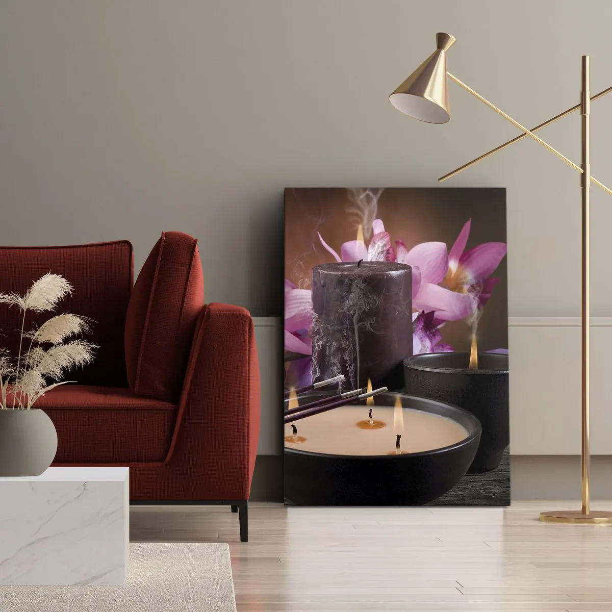 Bild auf Leinwand - Leinwandbild - Buddha-Figur mit brennenden Kerzen und Räucherstäbchen - 70x100cm - Den Geist frei machen, den Körper beruhigen - Moderne Wanddekoration für Wohnzimmer und Schlafzimmer ARTTOR