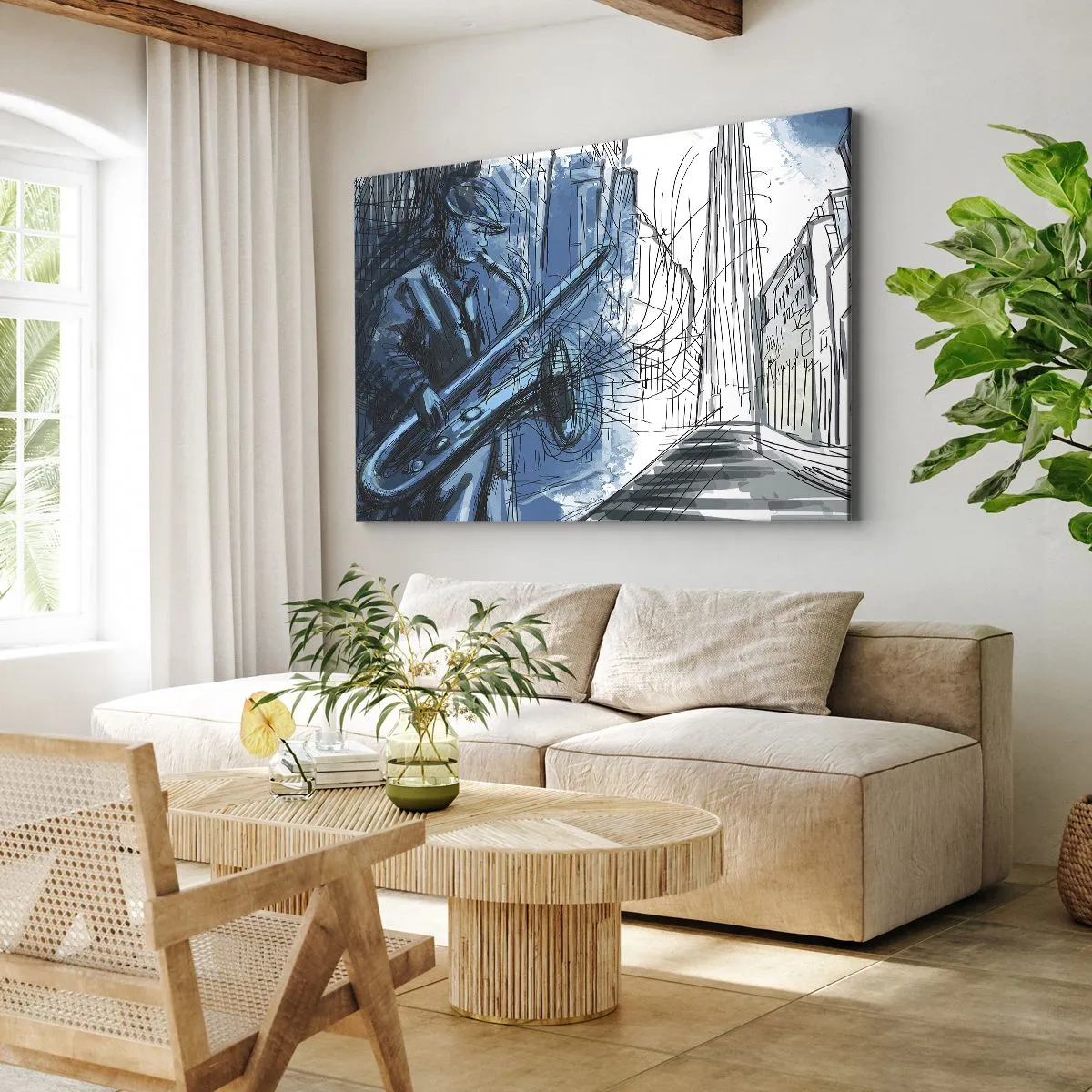 Bild auf Leinwand - Leinwandbild - Eine Saxophon spielende Figur vor dem Hintergrund einer Stadt - 120x80cm - Urbane Rhapsodie - Moderne Wanddekoration für Wohnzimmer und Schlafzimmer ARTTOR