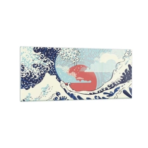 Glasbild - Bild auf glas - Meereswellen und ein Sonnenuntergang im japanischen Stil - 120x50cm - Von japanischer Inspiration - Moderne Wanddekoration für Wohnzimmer und Schlafzimmer ARTTOR