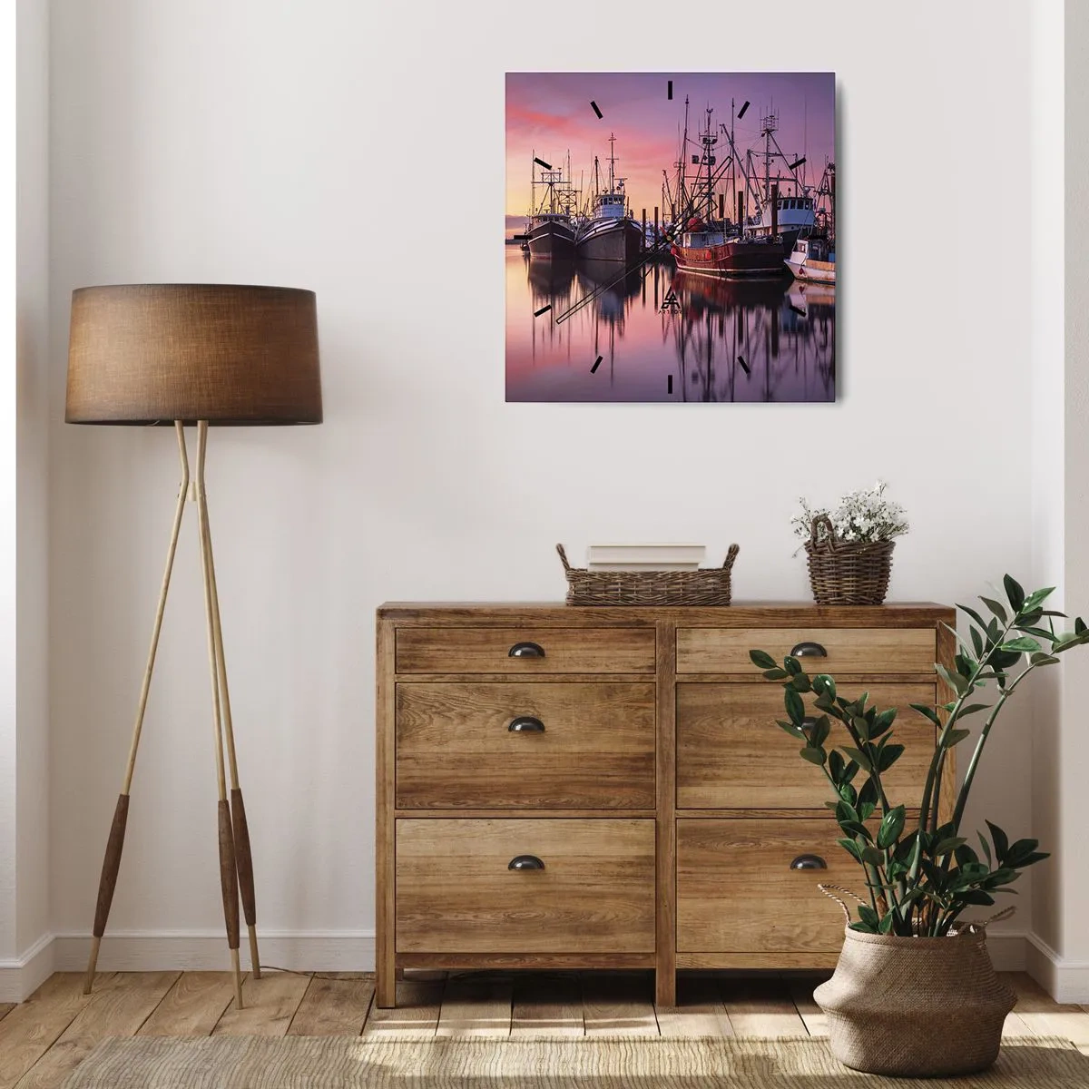 Wanduhr - Glasuhr - Fischerboote im Hafen bei Sonnenuntergang - 30x30cm - Vor dem nächsten Tag - Moderne Wanddekoration für Wohnzimmer und Schlafzimmer ARTTOR
