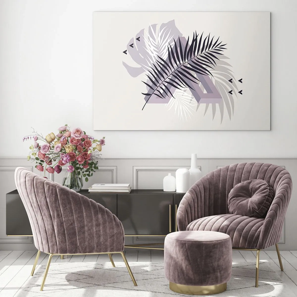 Glasbild - Bild auf glas - Eine minimalistische Komposition mit Palmblättern und geometrischen Formen. - 120x80cm - Der Schatten des Schattens - Moderne Wanddekoration für Wohnzimmer und Schlafzimmer ARTTOR