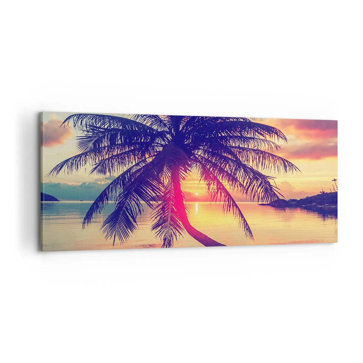 Bild auf Leinwand - Leinwandbild - Sonnenuntergang mit einer Palme über einem ruhigen Ufer - 120x50cm - Abend unter Palmen - Moderne Wanddekoration für Wohnzimmer und Schlafzimmer ARTTOR