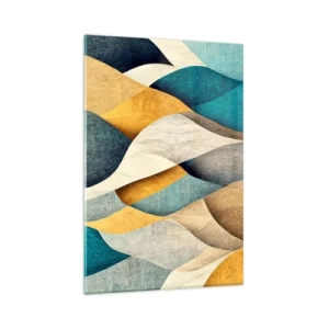 Glasbild - Bild auf glas - Abstrakte Wellen in Blau- und Goldtönen - 80x120cm - Rhythmus und Welle - Moderne Wanddekoration für Wohnzimmer und Schlafzimmer ARTTOR