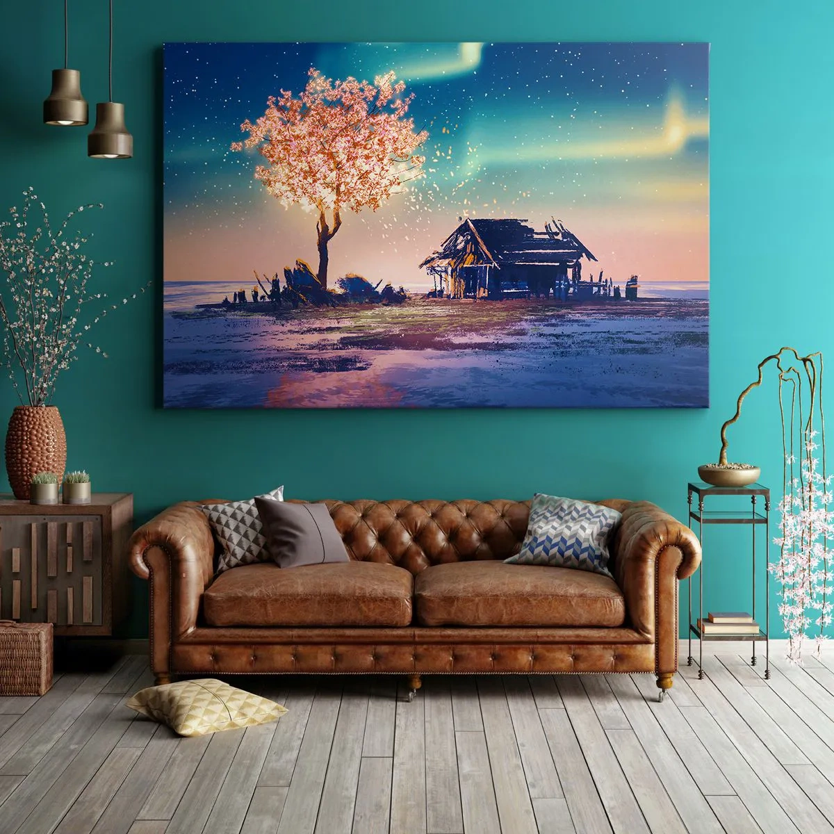 Bild auf Leinwand - Leinwandbild - Ein Haus und ein blühender Baum unter dem Nachthimmel - 120x80cm - Die Natur vergeht nicht - Moderne Wanddekoration für Wohnzimmer und Schlafzimmer ARTTOR