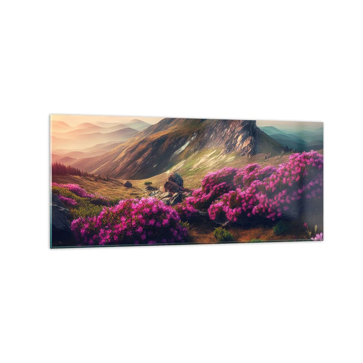 Glasbild - Bild auf glas - Berglandschaft mit blühenden Rhododendren - 120x50cm - Sommer in den Bergen - Moderne Wanddekoration für Wohnzimmer und Schlafzimmer ARTTOR