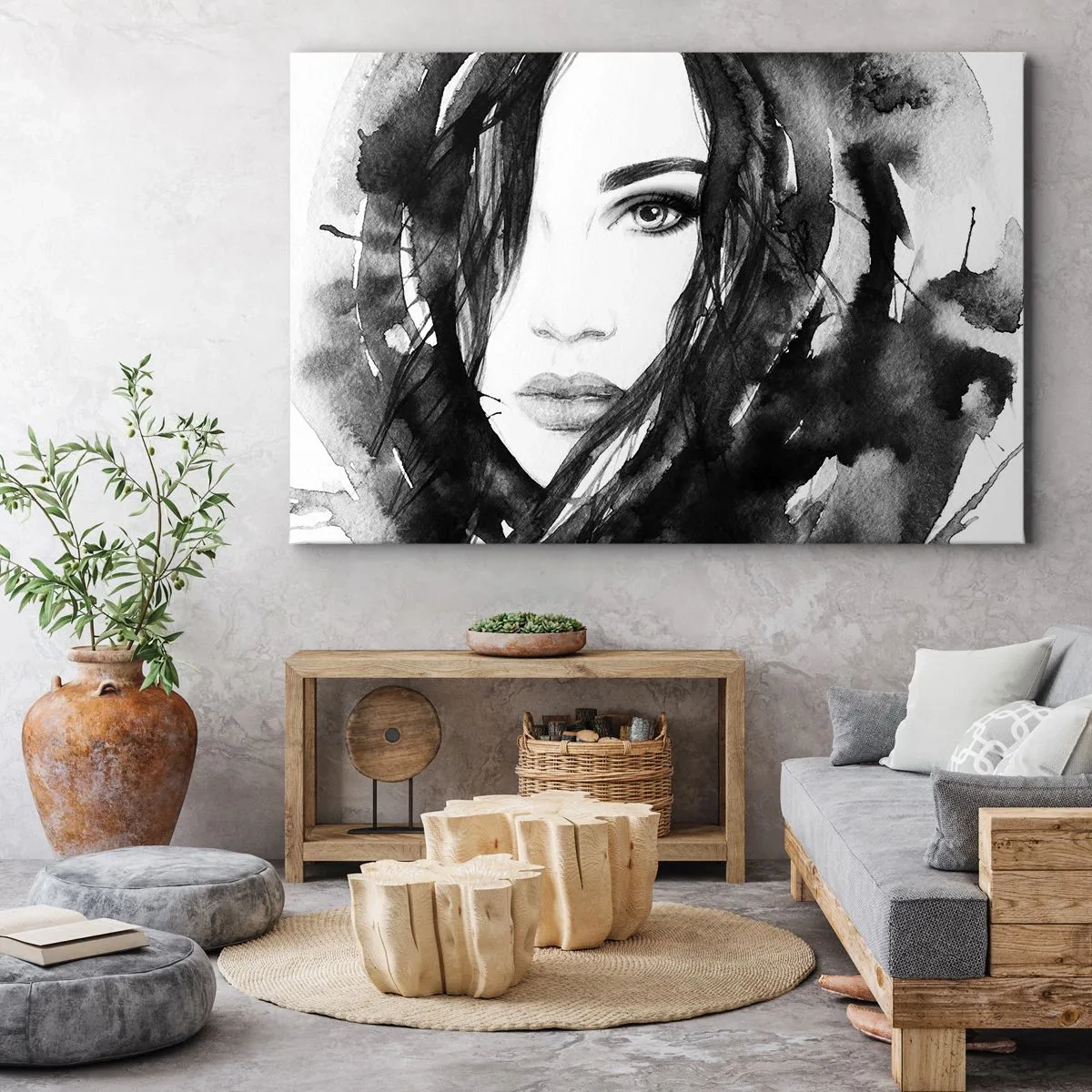 Bild auf Leinwand - Leinwandbild - Porträt einer Frau in Schwarz-Weiß-Aquarell - 70x50cm - Porträt einer Dame in Schwarzweiß - Moderne Wanddekoration für Wohnzimmer und Schlafzimmer ARTTOR