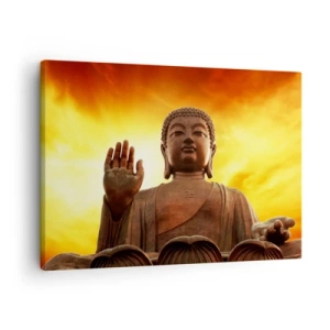 Bild auf Leinwand - Leinwandbild - Eine Buddha-Statue vor einem goldenen Sonnenuntergangshimmel - 70x50cm - Frieden der Welt - Moderne Wanddekoration für Wohnzimmer und Schlafzimmer ARTTOR