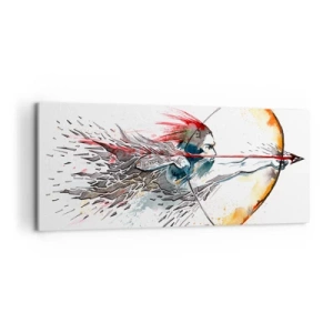 Bild auf Leinwand - Leinwandbild - Dynamisches Aquarell eines Kriegers mit Pfeil und Bogen - 120x50cm - Mythischer Krieger mit feurigem Bogen - Moderne Wanddekoration für Wohnzimmer und Schlafzimmer ARTTOR