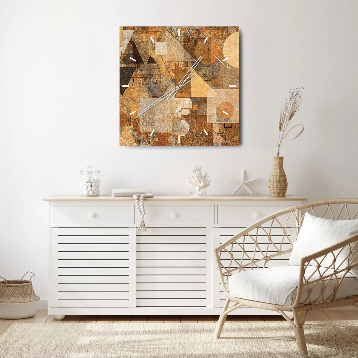Wanduhr - Glasuhr - Abstrakte geometrische Figuren in warmen Farbtönen - 30x30cm - Eine kubistische Studie aus Bronze - Moderne Wanddekoration für Wohnzimmer und Schlafzimmer ARTTOR