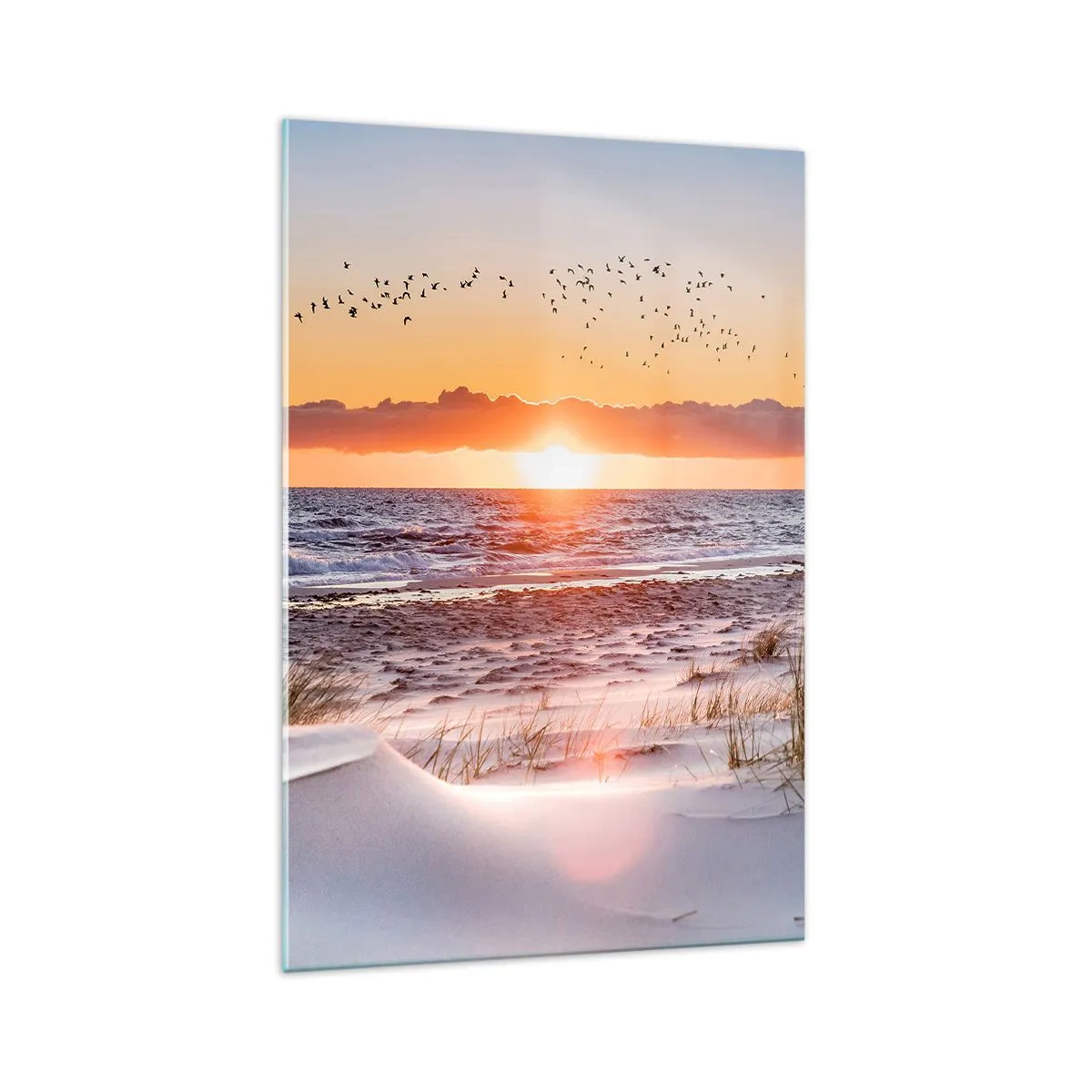 Glasbild - Bild auf glas - Sonnenuntergang über dem Meer mit Blick auf die Dünen - 70x100cm - Horizontale Landschaft - Moderne Wanddekoration für Wohnzimmer und Schlafzimmer ARTTOR
