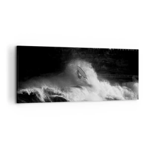 Bild auf Leinwand - Leinwandbild - Ein Surfer, der eine Welle reitet, in Monochrom - 120x50cm - Herausforderung angenommen! - Moderne Wanddekoration für Wohnzimmer und Schlafzimmer ARTTOR