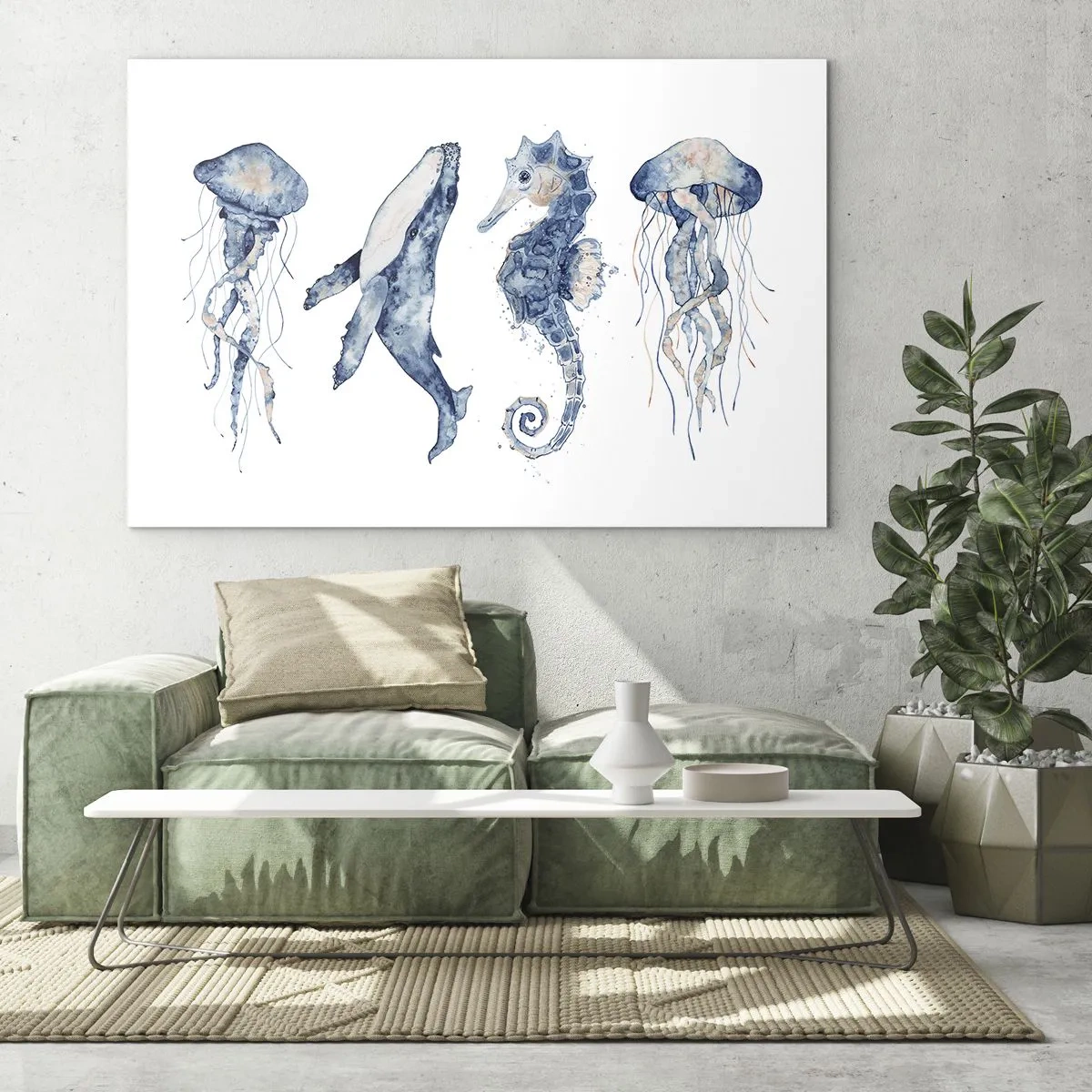 Glasbild - Bild auf glas - Meerestiere im zarten Aquarellstil - 70x50cm - Meereswunder - Moderne Wanddekoration für Wohnzimmer und Schlafzimmer ARTTOR