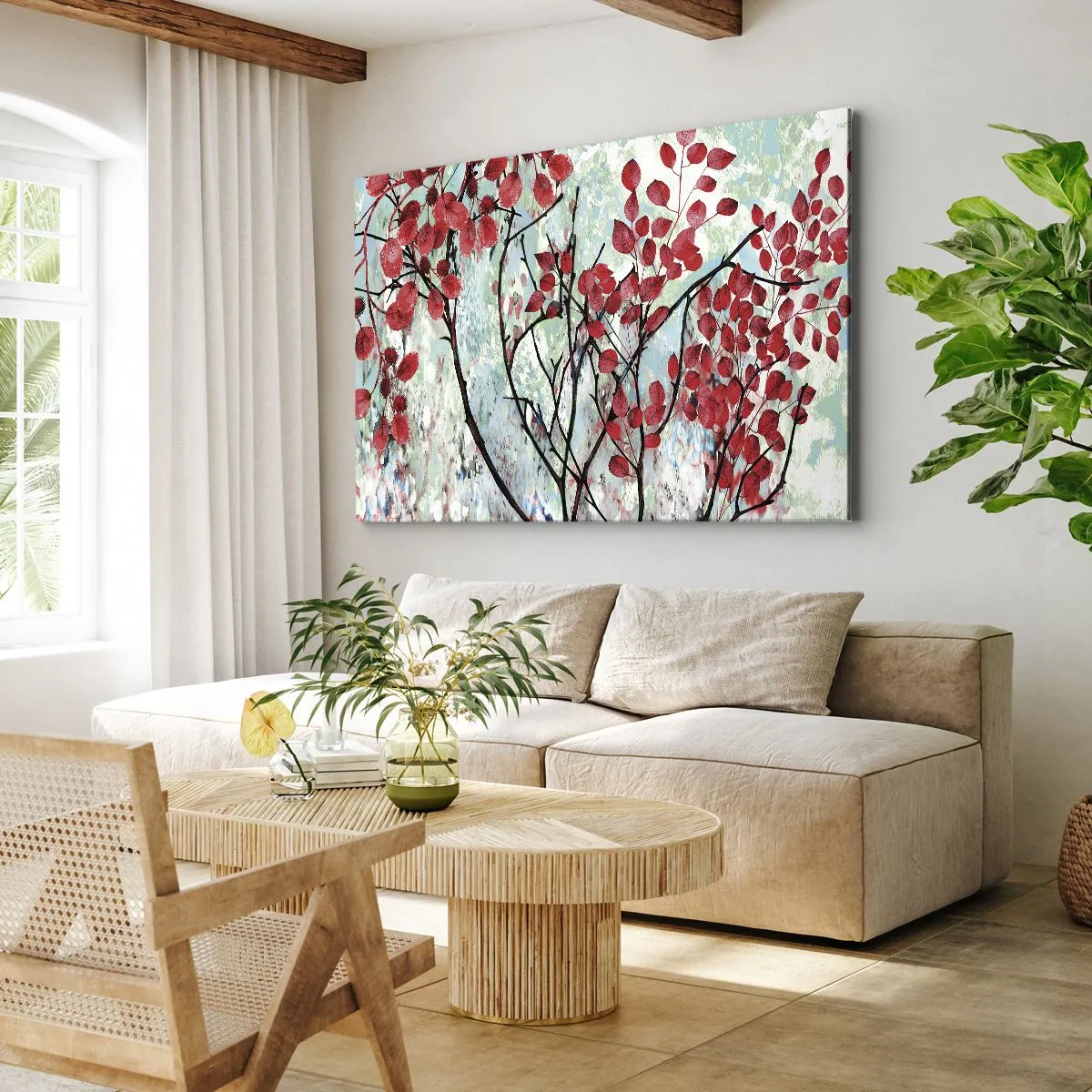 Bild auf Leinwand - Leinwandbild - Rote Blätter vor einem hellen Himmel mit abstrakten Mustern - 100x70cm - Baum in Scharlachrot - Moderne Wanddekoration für Wohnzimmer und Schlafzimmer ARTTOR