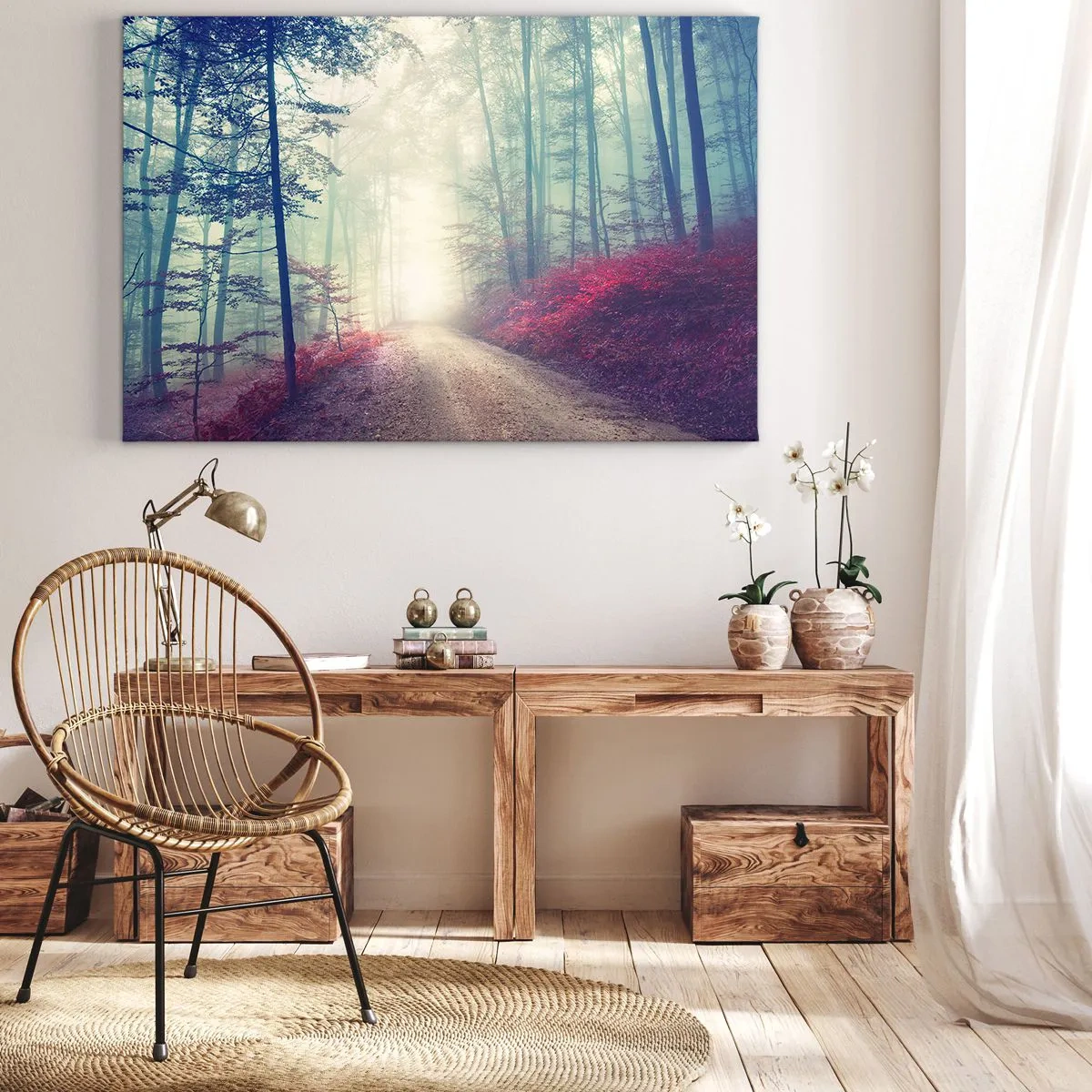 Bild auf Leinwand - Leinwandbild - Ein magischer Waldweg, umgeben von Bäumen und Nebel - 100x70cm - Wie gut ist es, im Morgengrauen aufzustehen - Moderne Wanddekoration für Wohnzimmer und Schlafzimmer ARTTOR