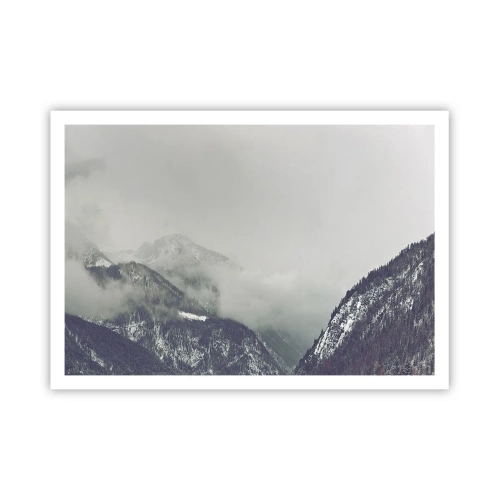 Poster - Ein in Nebel gehülltes Bergtal in Grautönen - 100x70cm - Nebliges Tal - Moderne Wanddekoration für Wohnzimmer und Schlafzimmer ARTTOR
