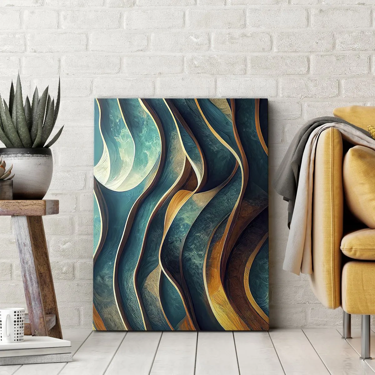 Bild auf Leinwand - Leinwandbild - Abstrakte Wellen in Türkis- und Goldtönen - 80x120cm - Blaue Mäander - Moderne Wanddekoration für Wohnzimmer und Schlafzimmer ARTTOR