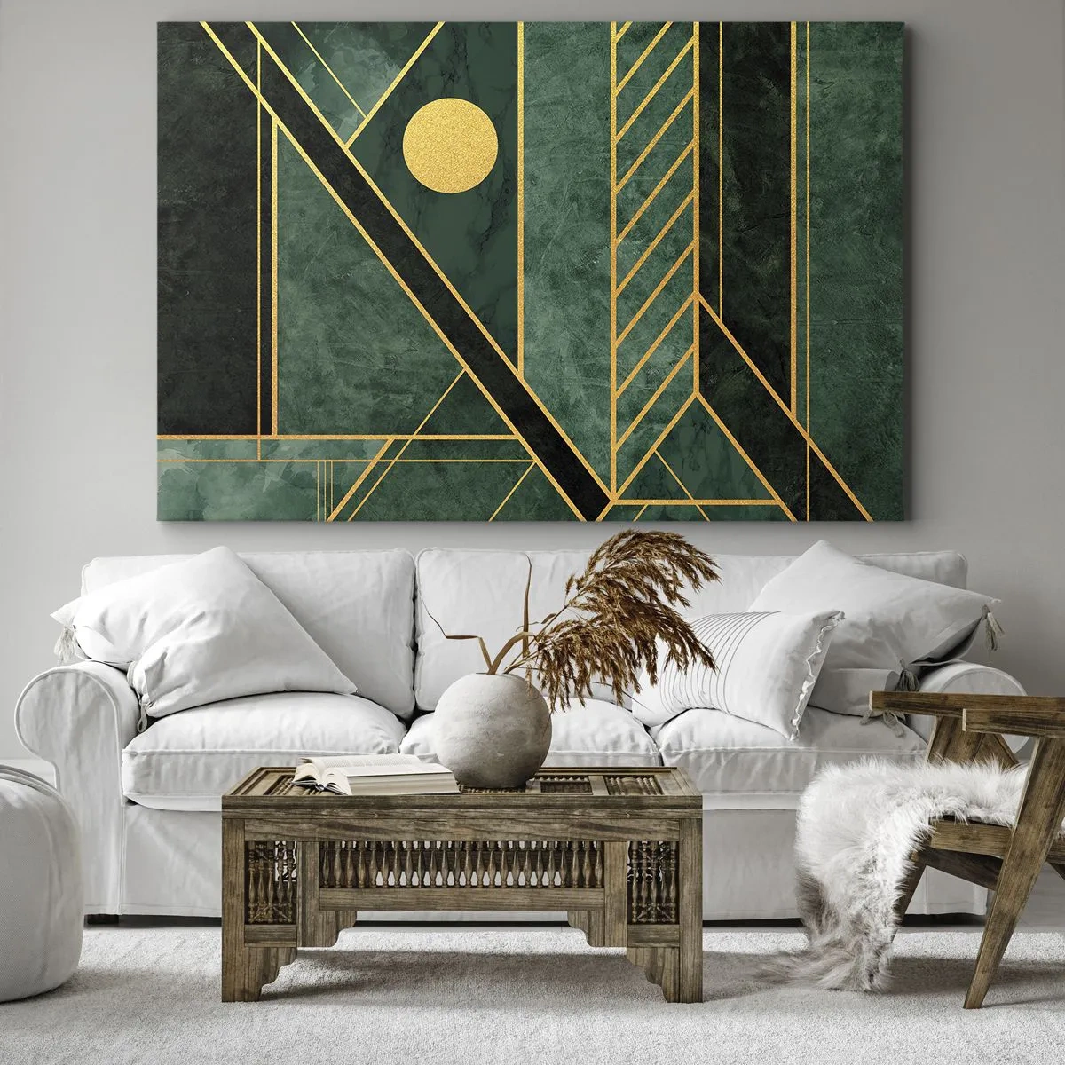 Bild auf Leinwand - Leinwandbild - Grünes und goldenes geometrisches Design mit elegantem Muster - 70x50cm - Dynamik von Gold und Azurblau - Moderne Wanddekoration für Wohnzimmer und Schlafzimmer ARTTOR
