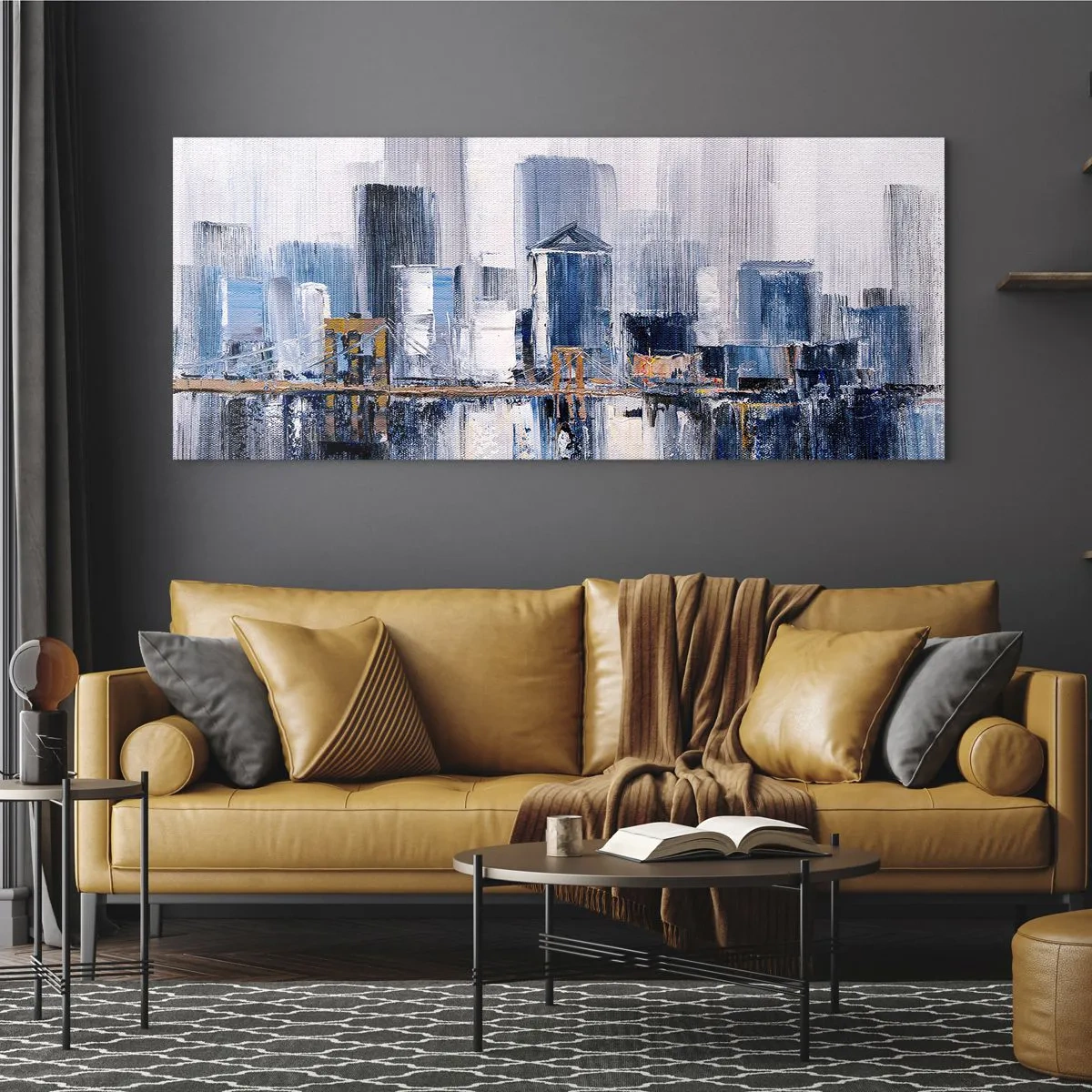 Glasbild - Bild auf glas - Abstraktes Stadtpanorama mit Blau- und Gelbtönen - 120x50cm - New Yorker Eindruck - Moderne Wanddekoration für Wohnzimmer und Schlafzimmer ARTTOR