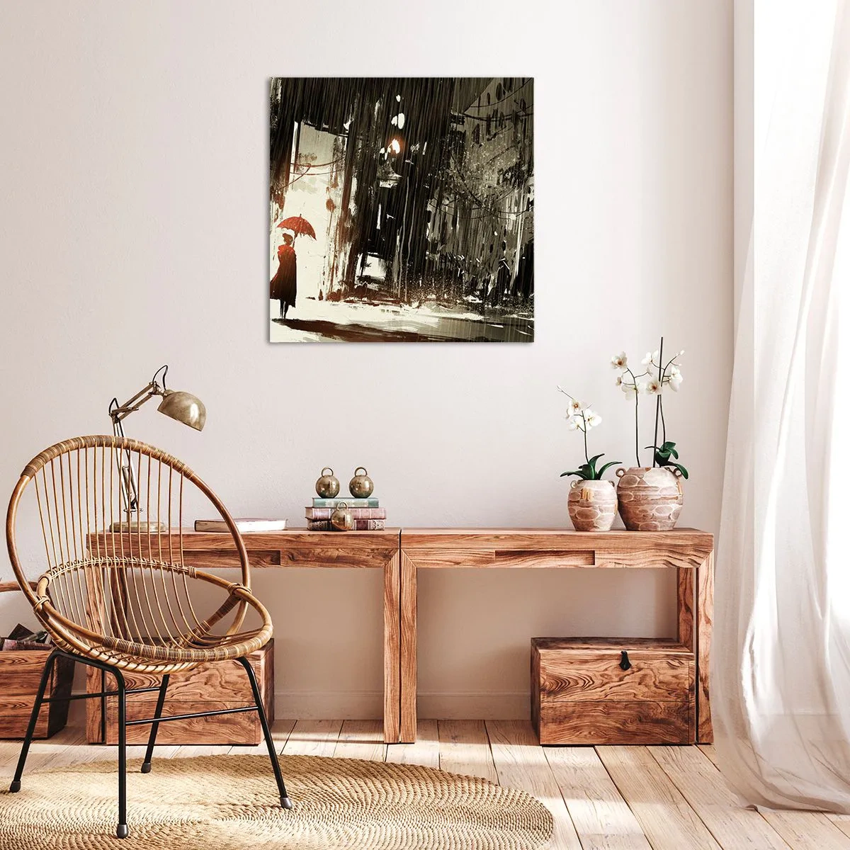 Bild auf Leinwand - Leinwandbild - Die Poesie des roten Regenschirms - 60x60 cm