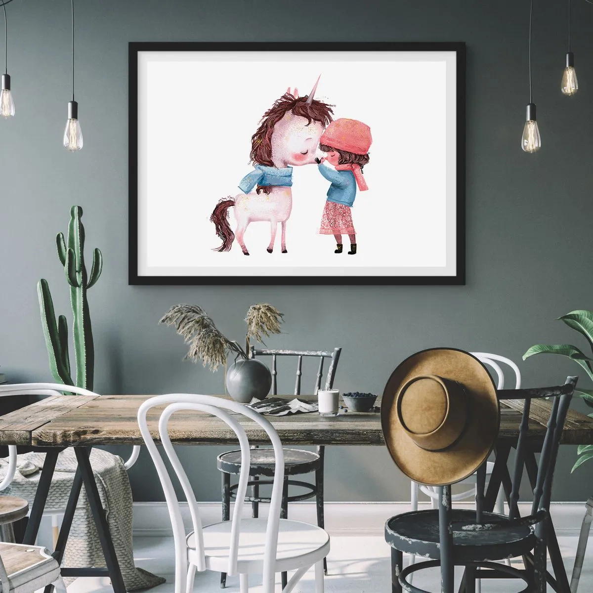 Poster in einem schwarzem Rahmen - Ein Mädchen und ein Einhorn in einer Winterlandschaft - 100x70cm - Ein Wintermärchen - Moderne Wanddekoration für Wohnzimmer und Schlafzimmer ARTTOR