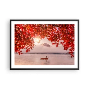 Poster in einem schwarzem Rahmen - Ein Boot auf einem See, umgeben von roten Ahornblättern - 70x50cm - Im japanischen Klima - Moderne Wanddekoration für Wohnzimmer und Schlafzimmer ARTTOR