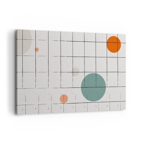 Bild auf Leinwand - Leinwandbild - Abstrakte farbige Kreise auf einem geometrischen Gitterhintergrund - 120x80cm - Gefangen. Wir oder sie? - Moderne Wanddekoration für Wohnzimmer und Schlafzimmer ARTTOR