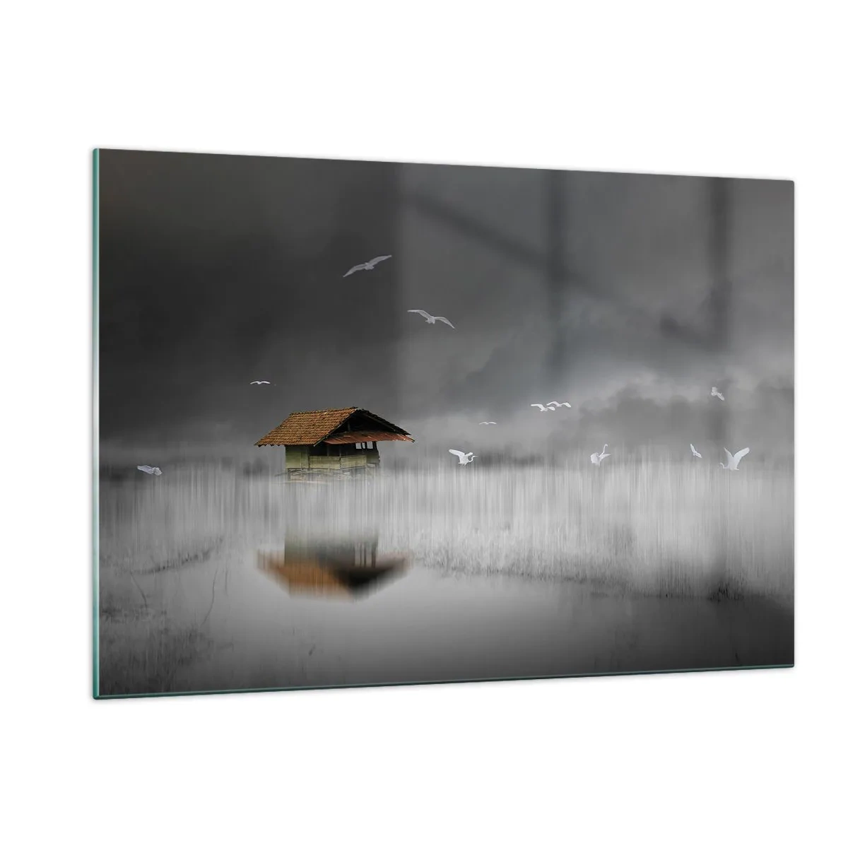 Glasbild - Bild auf glas - Ein Haus auf dem Wasser im Nebel mit fliegenden Vögeln - 120x80cm - Schutz vor Regen - Moderne Wanddekoration für Wohnzimmer und Schlafzimmer ARTTOR