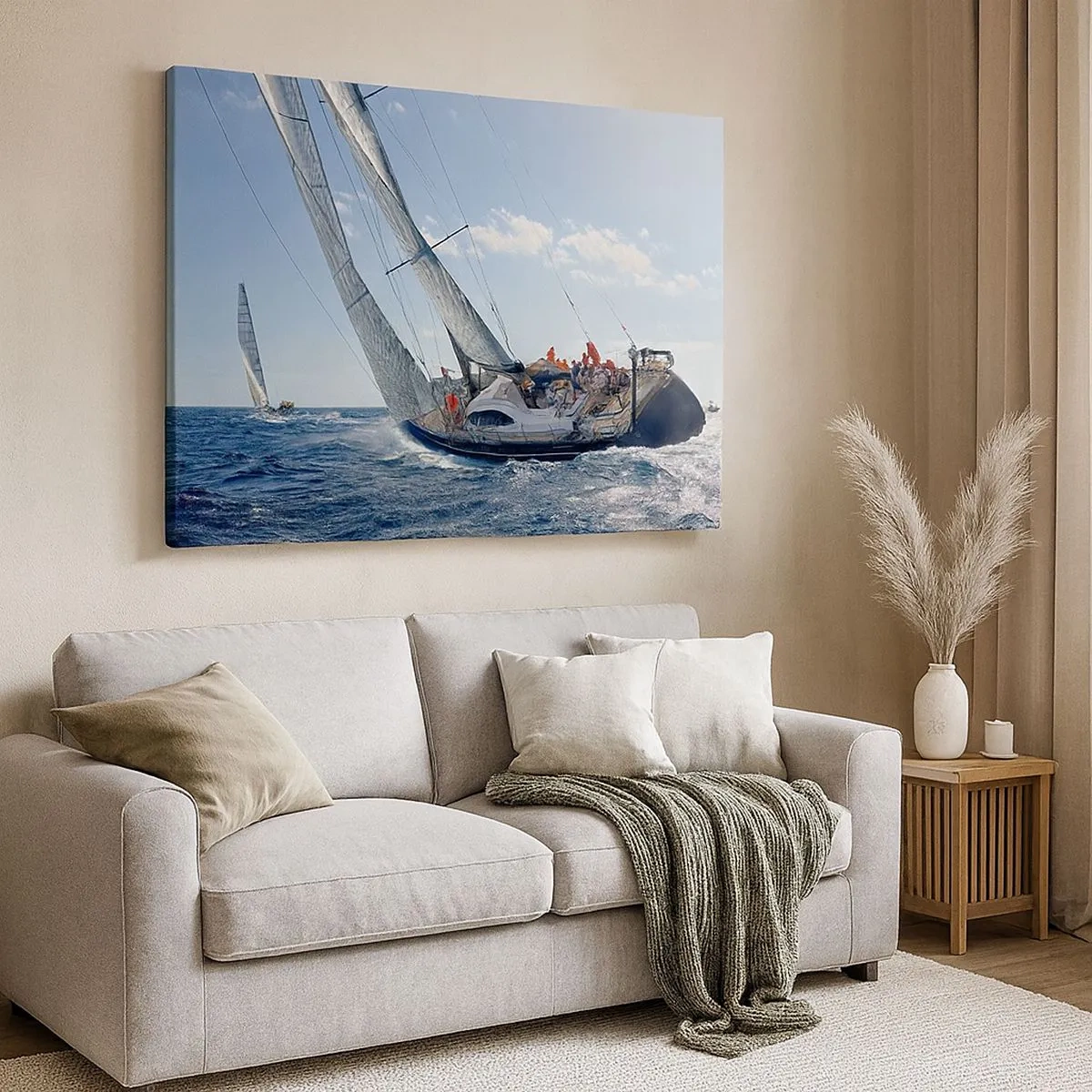 Bild auf Leinwand - Leinwandbild - Yachtrennen auf offener See unter blauem Himmel - 70x50cm - Lass den Besseren sich durchsetzen - Moderne Wanddekoration für Wohnzimmer und Schlafzimmer ARTTOR