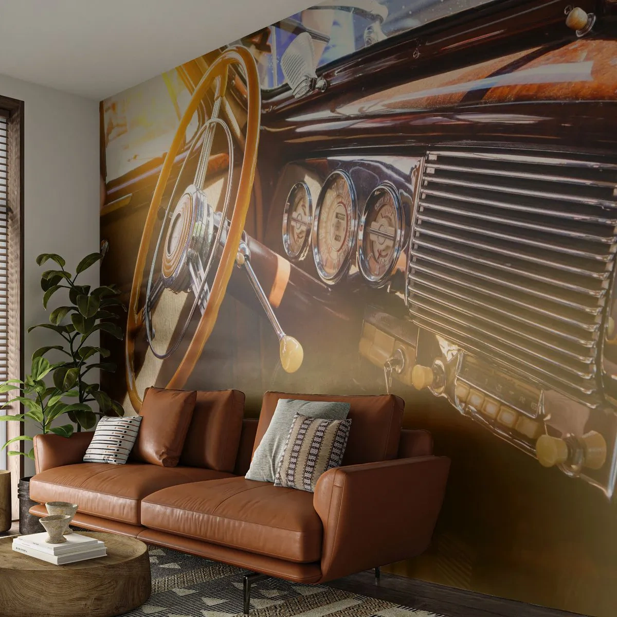 Fototapete Premium Sand - Oldtimer-Innenraum mit Holzverkleidung - 100x70cm - Ein Hauch von Luxus aus der Vergangenheit - Moderne Wanddekoration für Wohnzimmer und Schlafzimmer ARTTOR