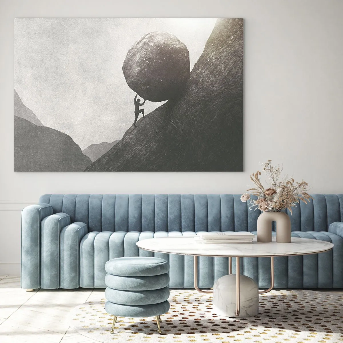 Glasbild - Bild auf glas - Eine Figur, die einen Felsbrocken vor einer Berglandschaft bergauf schiebt - 120x80cm - Ich glaube wider alle Hoffnung - Moderne Wanddekoration für Wohnzimmer und Schlafzimmer ARTTOR