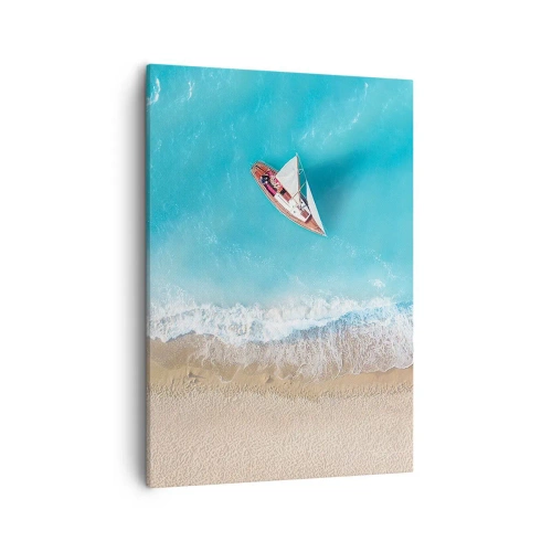 Bild auf Leinwand - Leinwandbild - Eine Vogelperspektive auf ein Boot am Strand - 50x70cm - An der Grenze von Blau und Gold - Moderne Wanddekoration für Wohnzimmer und Schlafzimmer ARTTOR