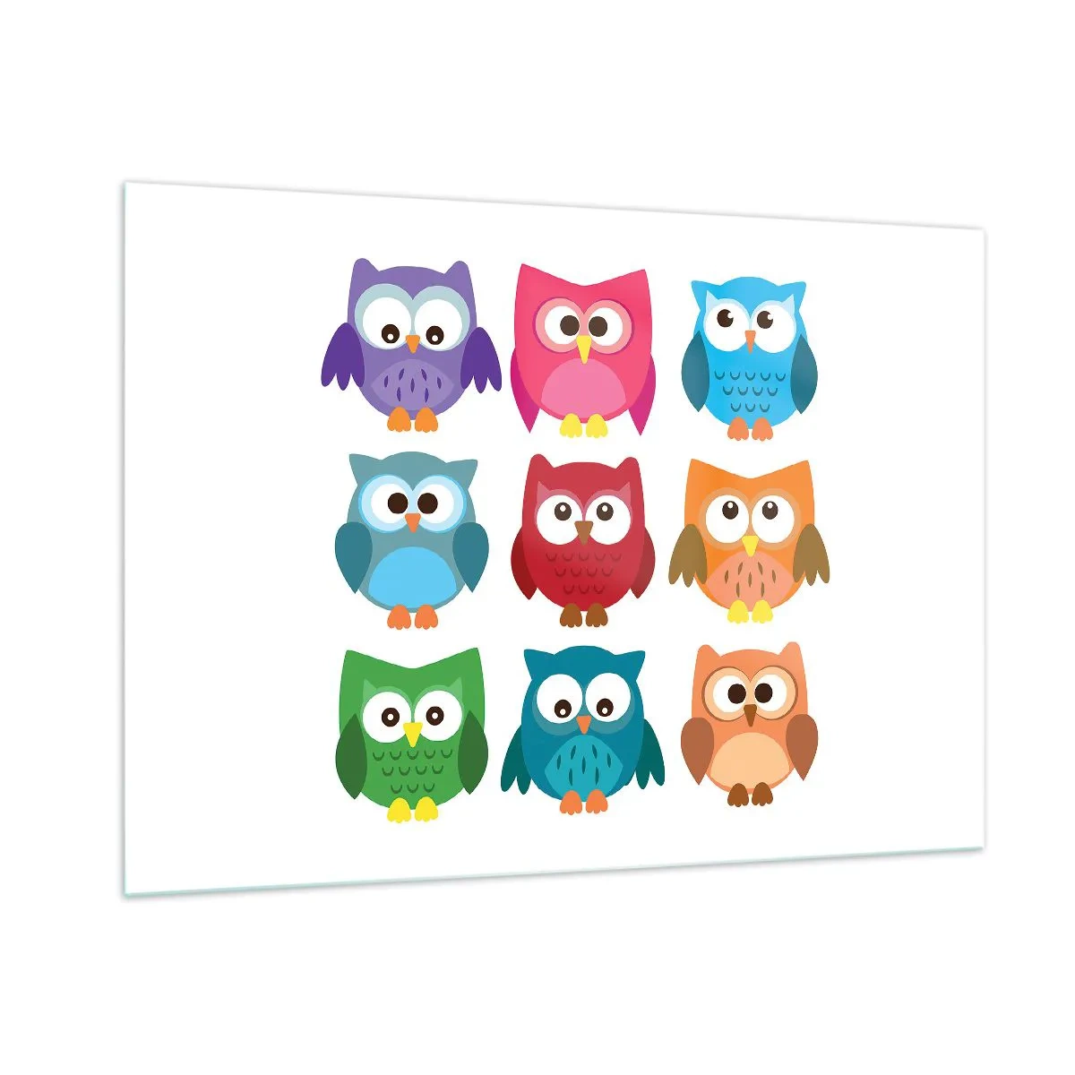 Glasbild - Bild auf glas - Bunte Eulen im Cartoon-Stil auf weißem Hintergrund - 100x70cm - Es macht Spaß, anders zu sein - Moderne Wanddekoration für Wohnzimmer und Schlafzimmer ARTTOR