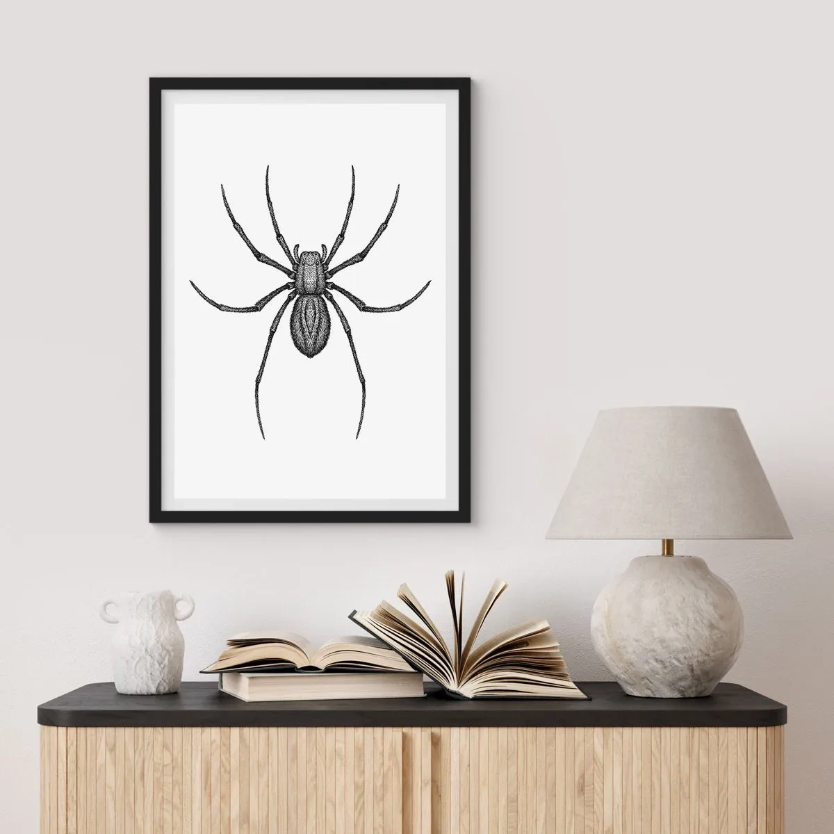 Poster in einem schwarzem Rahmen - Detaillierte Darstellung einer Spinne auf weißem Hintergrund - 50x70cm - Beunruhigende Präzision - Moderne Wanddekoration für Wohnzimmer und Schlafzimmer ARTTOR