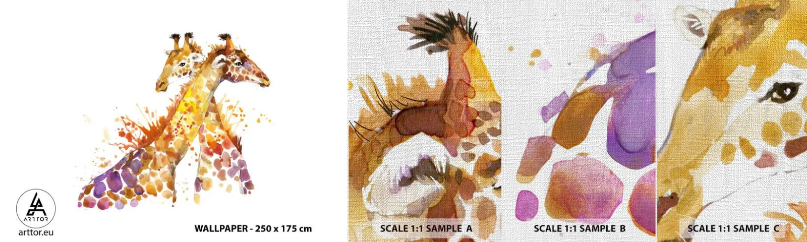 Fototapeten Muster Premium Canvas - Ist es Freundschaft oder ist es Baby? - Tiere, Giraffe, Grafik - 100x30 cm