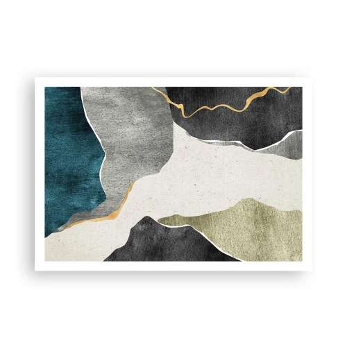 Poster - Geometrische Formen in Grau-, Grün- und Goldtönen - 100x70cm - Mosaikkomposition mit Goldfaden - Moderne Wanddekoration für Wohnzimmer und Schlafzimmer ARTTOR