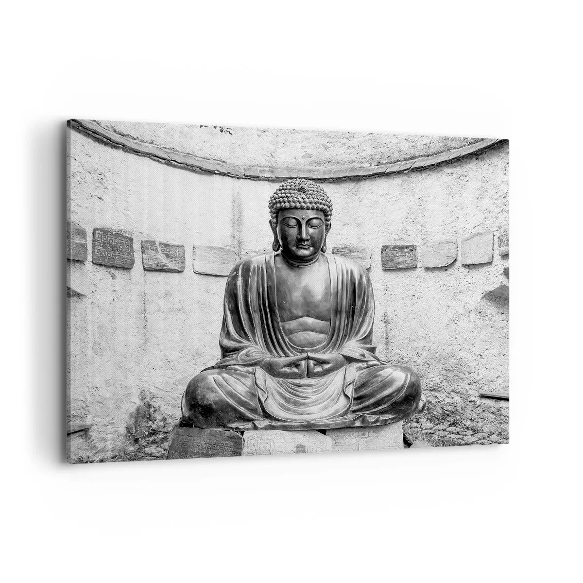 Bild auf Leinwand - Leinwandbild - Schwarz-weiße Buddha-Statue in meditativer Pose - 100x70cm - An der Quelle des Friedens - Moderne Wanddekoration für Wohnzimmer und Schlafzimmer ARTTOR