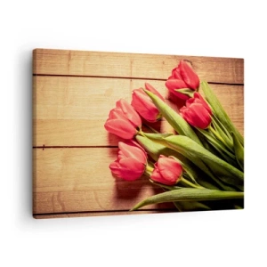 Bild auf Leinwand - Leinwandbild - Ein Strauß rosa Tulpen auf einem hölzernen Hintergrund - 70x50cm - Frühlingsgeständnis - Moderne Wanddekoration für Wohnzimmer und Schlafzimmer ARTTOR