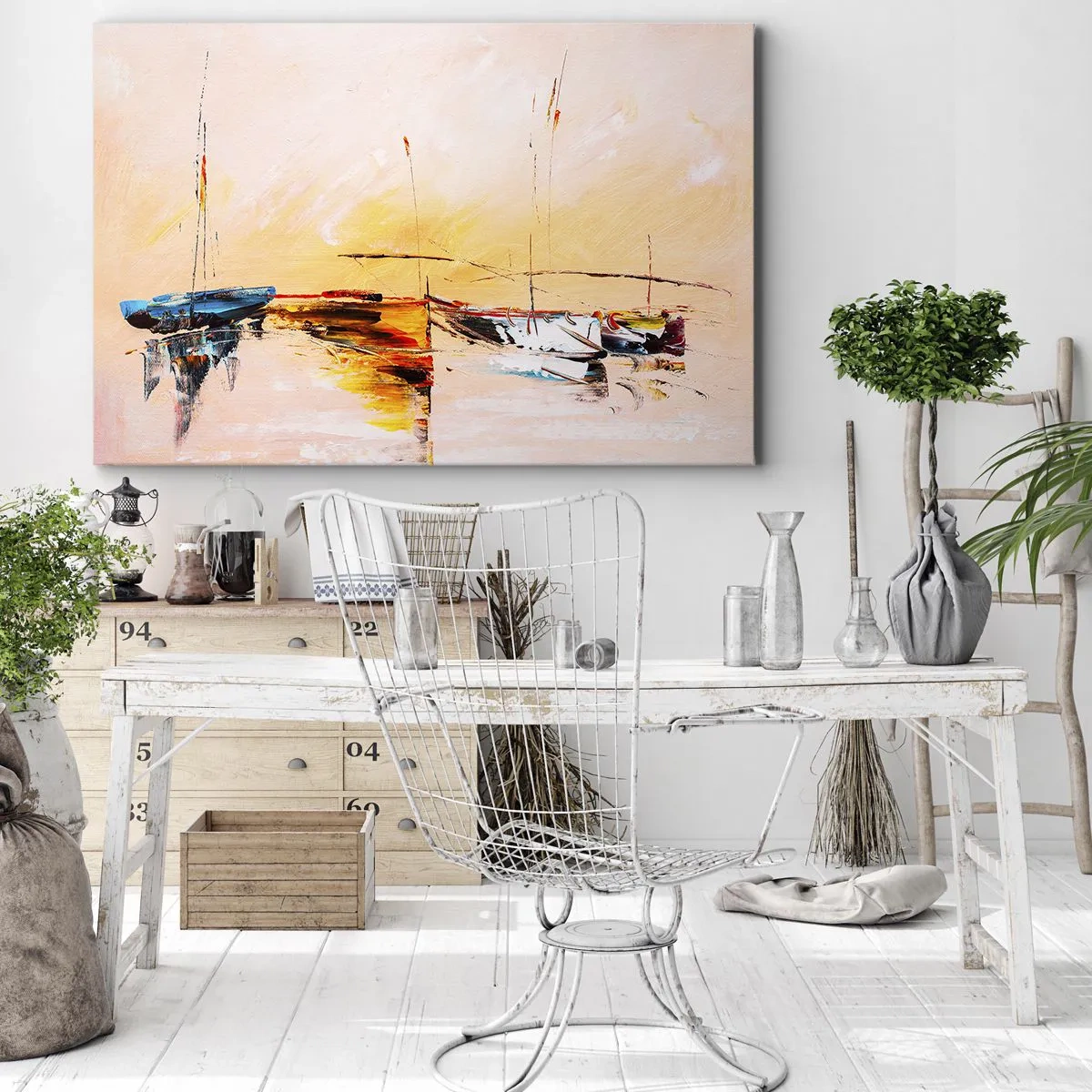 Bild auf Leinwand - Leinwandbild - Bunte Boote auf ruhigem Wasser bei Sonnenuntergang - 120x80cm - Abend im Yachthafen - Moderne Wanddekoration für Wohnzimmer und Schlafzimmer ARTTOR