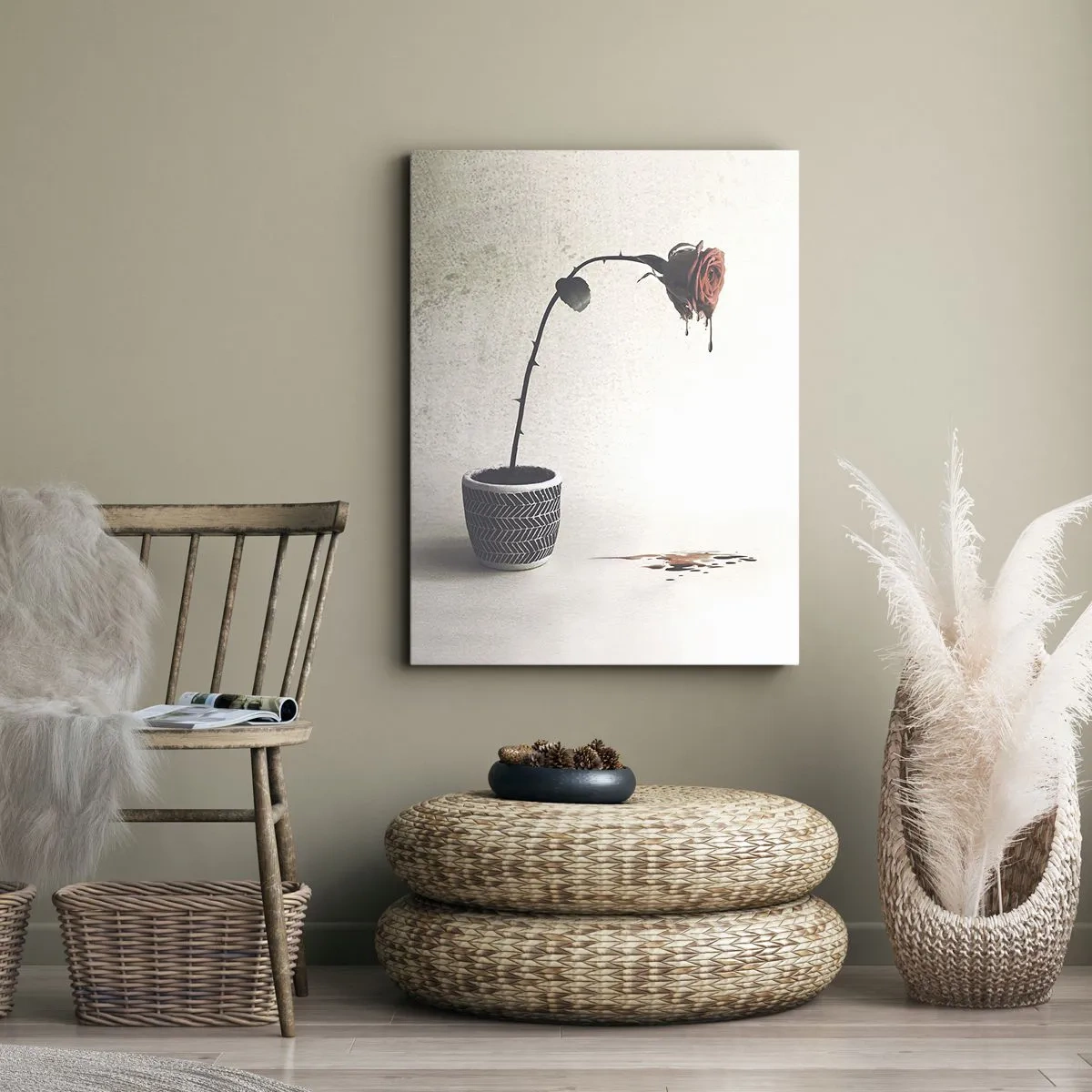 Bild auf Leinwand - Leinwandbild - Eine rote Rose in einem Topf mit Farbtropfen auf weißem Hintergrund - 50x70cm - Rosa dolorosa - Moderne Wanddekoration für Wohnzimmer und Schlafzimmer ARTTOR