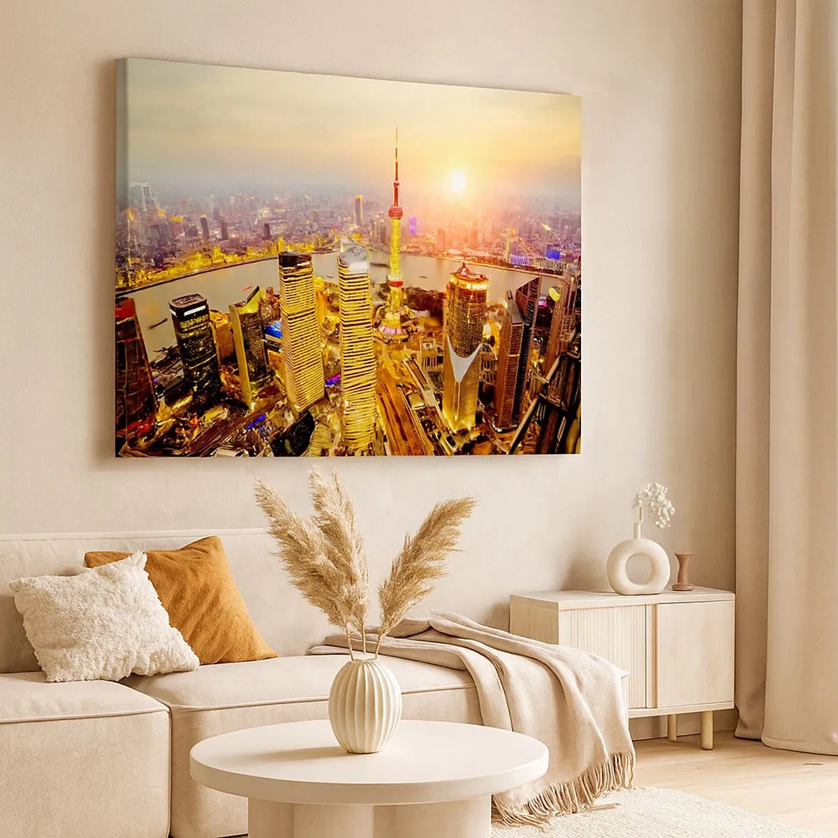 Bild auf Leinwand - Leinwandbild - Stadtpanorama mit Wolkenkratzern bei Sonnenuntergang - 70x50cm - Asiatischer Traum - Moderne Wanddekoration für Wohnzimmer und Schlafzimmer ARTTOR