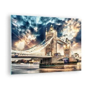 Glasbild - Bild auf glas - Tower Bridge in London vor dramatischem Himmel - 70x50cm - Denkmal des viktorianischen Imperiums - Moderne Wanddekoration für Wohnzimmer und Schlafzimmer ARTTOR