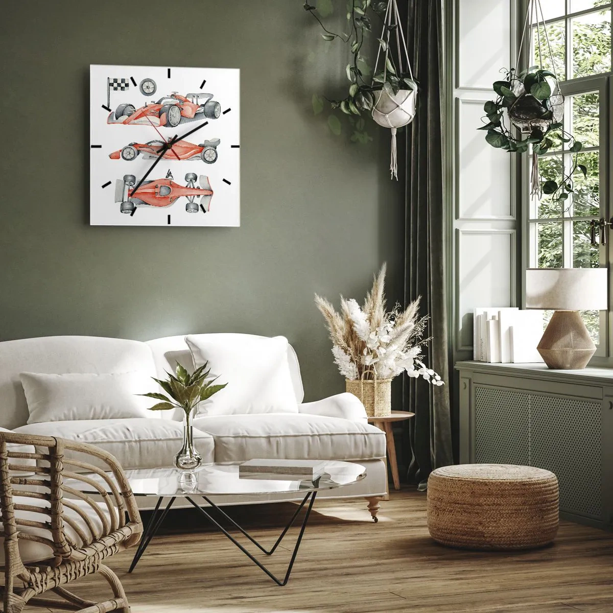 Wanduhr - Glasuhr - Ein roter Rennwagen mit einer Zielflagge - 30x30cm - Dem Traum folgen - Moderne Wanddekoration für Wohnzimmer und Schlafzimmer ARTTOR